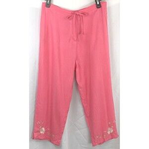 Sag harbor linen Cropped pants 16 pink floral embroidered 33” Drawstring waist